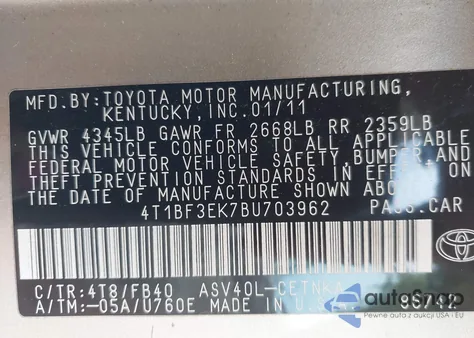 2011 Toyota Camry Le z USA, uszkodzony, nr VIN 4T1BF3EK7BU703962